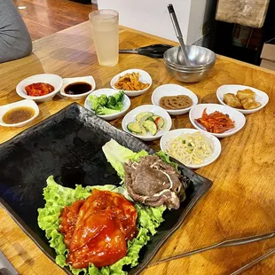 Combo 5: bulgogi, bbq chicken, pork belly (not pictured), beef soft tofu soup (not pictured), pan fried mackerel (not pictured)