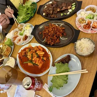 Teokbokki, pork bulgogi, galbi ribs, yakimandu