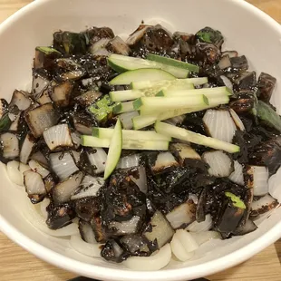 Jajang- udon topped with black soy bean gravy with pork and veggies