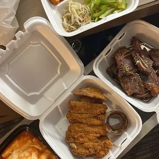 Cheese Tteokbokki, Chicken cutlet, Galbi and some banchan