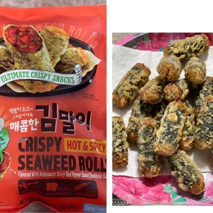 a bag of crispy rice seaweed rolls and a bag of seaweed rolls