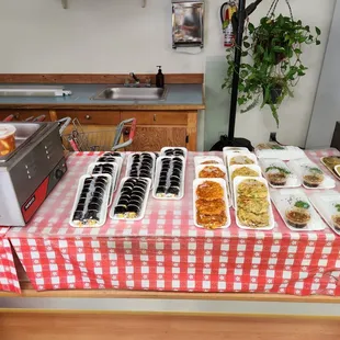 a table with a variety of food items