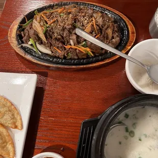 Beef Bulgogi, Ox-bone soup, veggie fried dumpling, and Kalbi Beef.