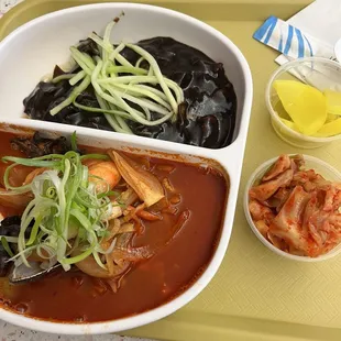 Black Bean Noodle &amp; Jjampong (Spicy seafood noodle)