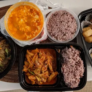 Japchae (beef), combo 5 (spicy chicken bulgolgi, pork tofu soup), side dishes