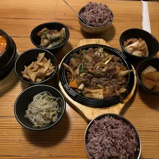 kimchee tofu soup, spicy beef bulgogi and banchan