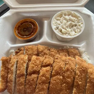 Chicken katsu with mac salad and spicy sauce