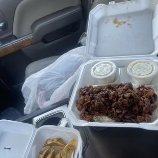 Spicy Pork w double Macaroni Salad, side of chicken dumplings