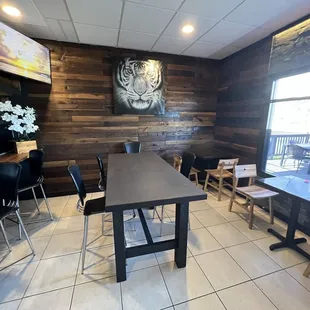 a table and chairs in a restaurant