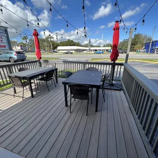 a patio with tables and chairs