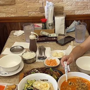 Bibimbap, yukaejung, bulgogi and a little bit of banchan.