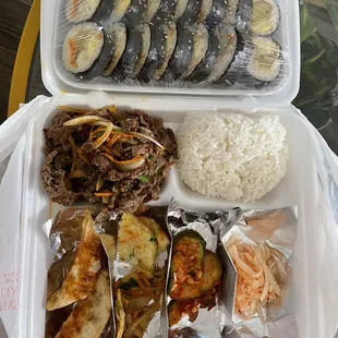 Spicy bulgogi lunch order with kimbop