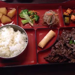 Bulgogi bento: $9. Yummy! Super tender beef.