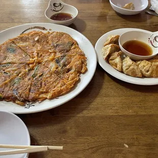 Spicy Kimchi Pancake and Mandu (pork) Fried Dumplings