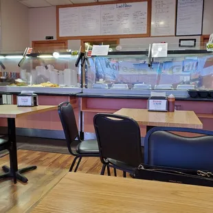 empty tables and chairs in a restaurant