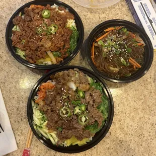 Spicy Pork Kimchi Rice Bowl, Bulgogi Beef Kimchi Rice Bowl, small japchae