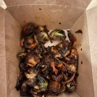 Korean spicy Brussel sprouts with bacon. Tasty and not too spicy.