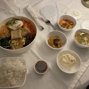 Bibimbap with tofu, all of this is one order of 10. Bibimbap