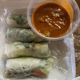 Veggie spring rolls with an amazing spicy sauce