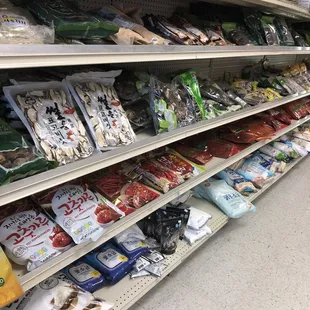 a variety of snacks on shelves