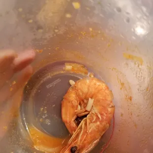 Whole prawn with whiskers and eyes intact.