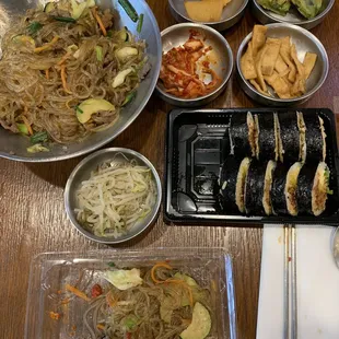 Spicy pork kimbap and japchae