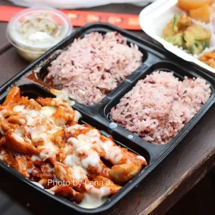 24. Spicy Chicken and Cheese - takeout, comes with banchan. Big portion.