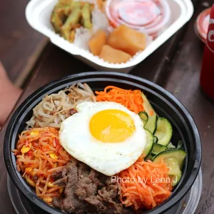 18. Beef Bibimbap - takeout, comes with banchan. Big portion.