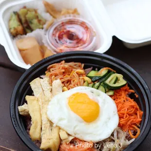 18. Tofu Bibimbap - takeout, comes with banchan. Big portion.