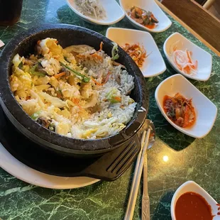 Dolsot ( after I let the rice fry on the bottom and get crispy I turned it over) it was much prettier before but so delicious!!