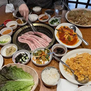 Banchan, Kimchi Fried Rice, Seafood Scallion Pancake