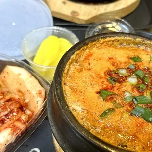 Kimchi, radish, sundubu jjigae