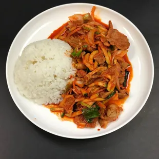 a plate of food with rice and meat