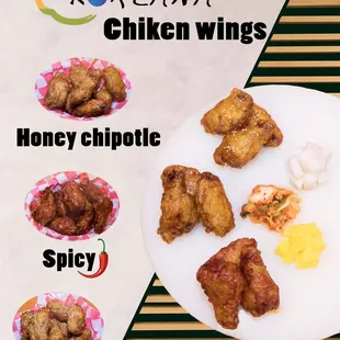 a plate of chicken wings, honey chipot and spicy soy