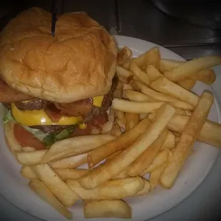Double bacon cheese burger and fries