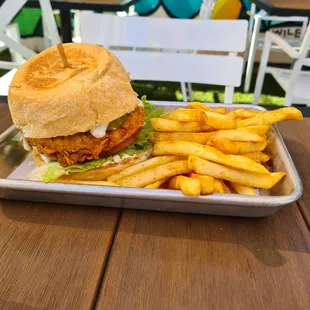 Nashville hot chikn sandwich with fries