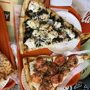 Spinach Ricotta Pizza Slice and tomato, basil, and mozzarella slice