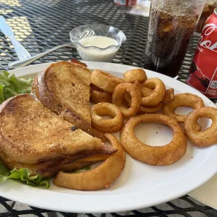 Grilled cheese with bacon and onion rings