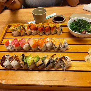 Seaweed/Wakame salad. Rainbow roll, other rolls