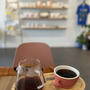 a cup of coffee on a wooden tray