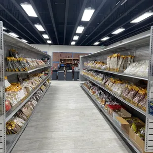 a wide aisle of food