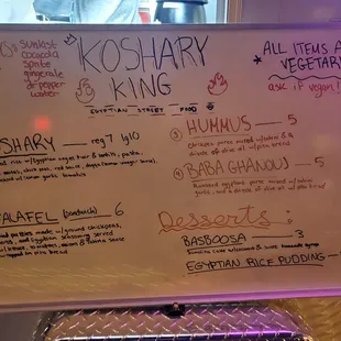 Menu.  There are more options on their website: www.kosharyking.com