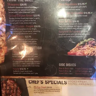 Entrees and chef specialties menu
