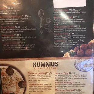 Appetizers and hummus menu