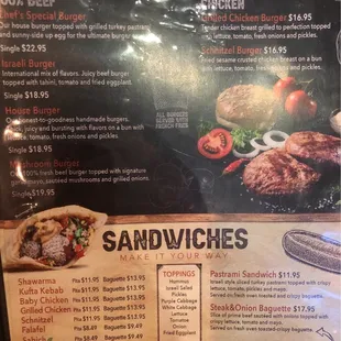 Burgers and sandwiches menu