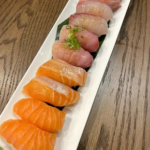 salmon sushi, salmon belly sushi, Yellowtail Sushi, baby yellowtail sushi, toro sushi