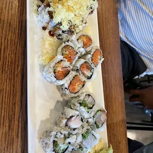 Shrimp Tempura, Spicy Tuna Roll, Yellowtail Scallion Roll