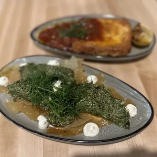 Open faced spanakopita and saganaki- fried cheese with a strawberry and tomato jam