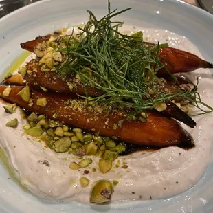 Karota (roasted carrots in Greek yogurt, tahini and pistachio gremolata)