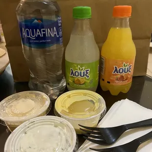 a variety of drinks and condiments